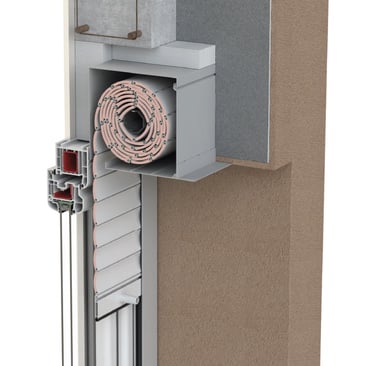 Vue technique en coupe d’un volet roulant intégré dans un mur, lame enroulée dans le caisson