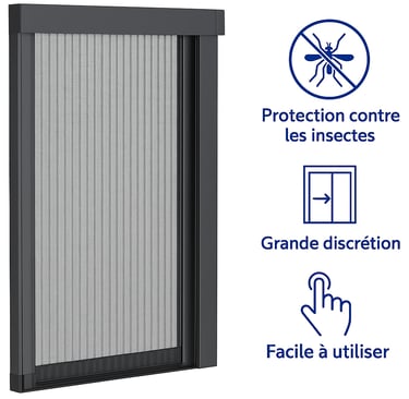 Moustiquaire plissée grise avec pictogrammes indiquant protection insectes et facilité d’usage