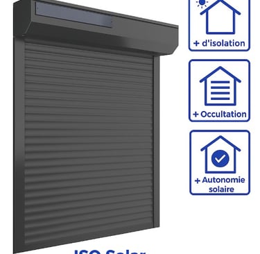 Volet roulant solaire ISO Solar gris anthracite avec pictogrammes isolation et énergie solaire