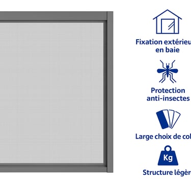 Moustiquaire fixe grise avec pictogrammes montrant protection anti-insectes et choix de coloris