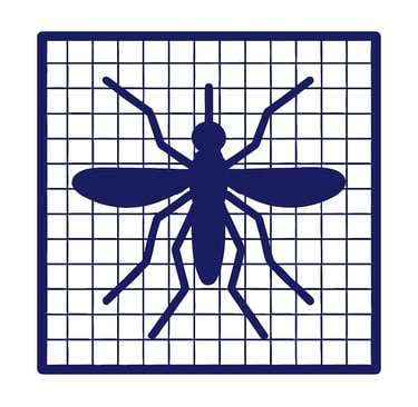 Icône bleue représentant un moustique sur une grille, symbole de moustiquaire Isovergne