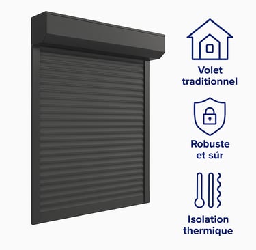 Volet roulant traditionnel gris ISO Classik avec pictogrammes robustesse et isolation