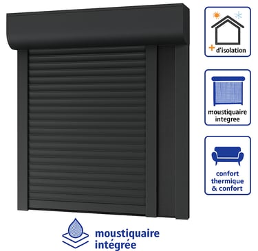 Volet roulant gris avec moustiquaire intégrée et pictogrammes confort et isolation