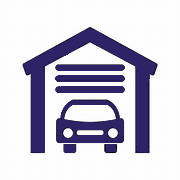 Icône bleue de garage avec voiture, représentant les portes de garage proposées par Isovergne