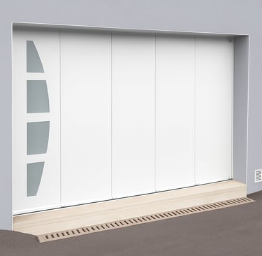 Porte de garage coulissante blanche design moderne avec hublots verticaux Isovergne