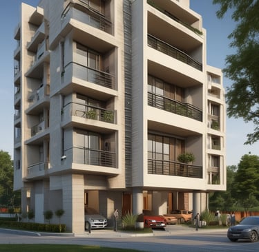 A tall multi-story building named Emerald Residency is shown with a modern architectural design, featuring large windows and a prominent sign at the top. The building is surrounded by a clear blue sky with some clouds and nearby power lines.