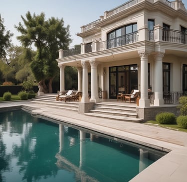 Several modern office buildings with large glass windows and white facades are set against a cloudy sky. The leftmost building displays a large red vertical billboard promoting a network service. Palm trees are visible at the base of the structures, adding a touch of greenery.