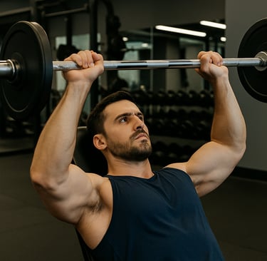 Homem fazendo supino com halteres, demonstrando amplitude de movimento