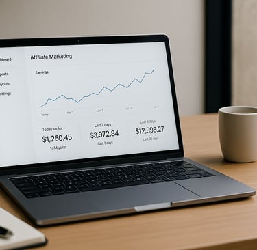 Laptop con dashboard di affiliate marketing su scrivania elegante.