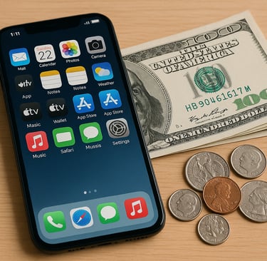 iPhone con app e soldi sul tavolo