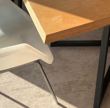 custom ply dining table and robin day chair