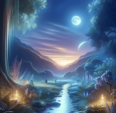 a river scene with a full moon and a full moon