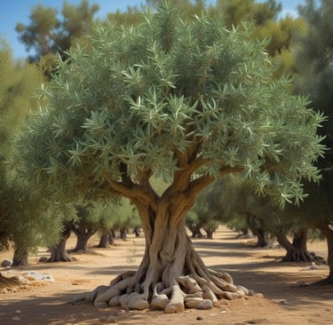 A lush green landscape featuring a tree with two main trunks stands prominently in the center. Surrounding the tree is a dense collection of green shrubs and bushes. The grass is vibrantly green, suggesting a well-maintained or natural area. The light filtering through the leaves gives a serene and peaceful feel.