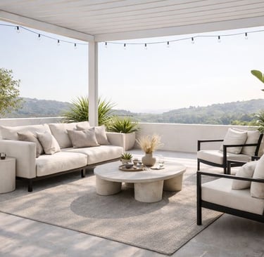 Terrasse ombragée avec pergola bioclimatique à lames orientables, salon outdoor, tapis extérieur, la