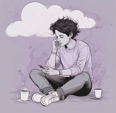 Ilustración de joven mirando el teléfono móvil con tono desinteresado y aburrido