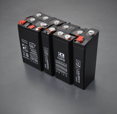 A lithium battery labeled '12V 100Ah' rests on a concrete bench in an outdoor setting with trees and sunlight visible. Wires are attached to the battery, and beside it is a white device, possibly a charger.