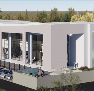 Modern white commercial building architectural rendering with glass facade and parking lot.