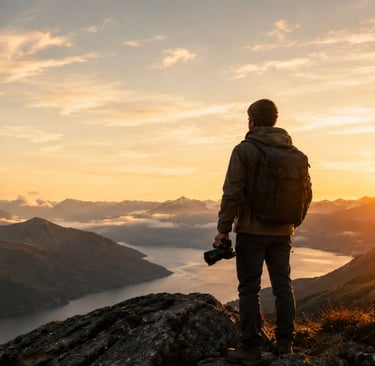 Photographer standing on top of a mountain at sunrise overlooking a river and surrounding landscape while holding a camera