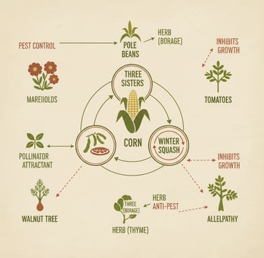 Three Sisters companion planting diagram showing corn, beans, and squash with pest control and growth inhibitors.