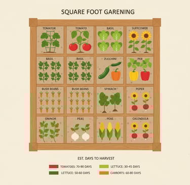 Square foot gardening layout guide showing vegetables like tomatoes, basil, and zucchini in a raised bed.