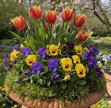 Red fringed tulips and vibrant purple and yellow pansies in a terra cotta garden planter.