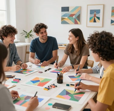a group of people standing around a table