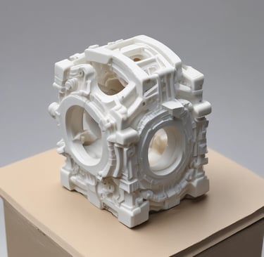 A metallic, intricately machined component with a tubular protrusion and detailed geometric patterns on its surface, likely a part for mechanical or industrial use.