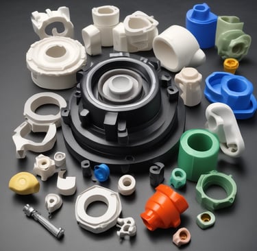 A collection of metallic, machined components neatly arranged on a cardboard surface. The parts vary in shape and size, including cylindrical and flat pieces with holes and grooves. Some parts have the letters 'DRG' etched into them.