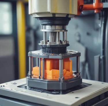 Close-up view of a metallic engine component, featuring intricately designed parts with bolts, grooves, and a triangular emblem. The metallic surfaces have a polished finish, reflecting light subtly.