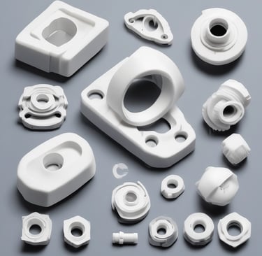 A metallic engine part and a piston are placed against a plain white background. The engine component has a cylindrical bore with multiple ridges on top, highlighting precision engineering. Beside it is a piston with a smooth, shiny surface marked with an 'IN'. Both objects exhibit a clean and polished finish.