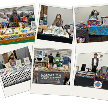 layered photos in polaroid frames showing smiling vendors standing behind their tables