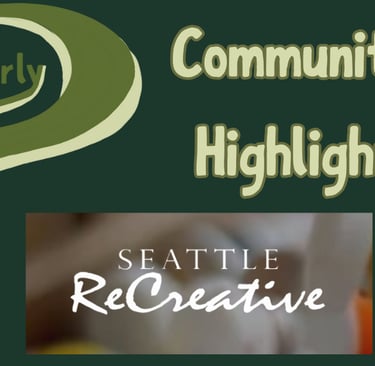 Dark green background w/Everly logo, light green Community Highlights, & Seattle ReCreative logo