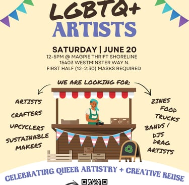 flier featuring pride colored banners and a simple wooden booth with a queer vendor and text (aside)