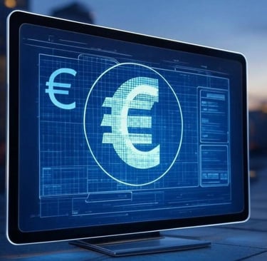 a laptop computer screen displaying a blueprinted euro euro euro euro sign