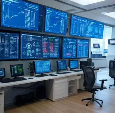 a desk with multiple monitors and monitors on it