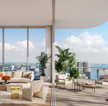 a living room with a view of the city