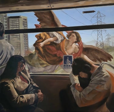 a painting of a man and woman sitting on a train. And angel fllying by their side