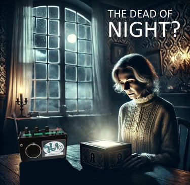 old woman sat at table with spirit box