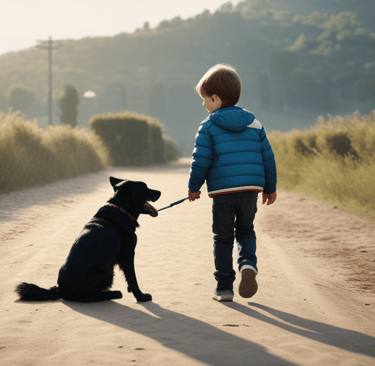 un enfant se promène dans la campagne en tenant son chien en laisse