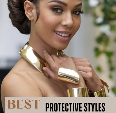 A woman wearing a sleek flat twist updo, accessorized with gold cuffs, smiling confidently at the camera.