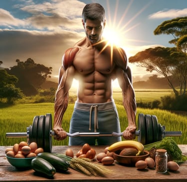 Homem levantando pesos ao ar livre, cercado por alimentos saudáveis para aumentar a testosterona