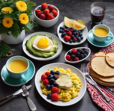 a table with breakfast foods and a vase of flowers