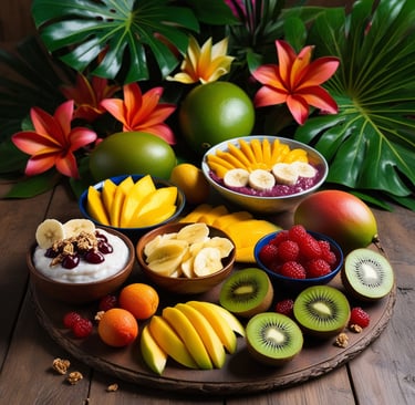 Imagem colorida de uma variedade de frutas brasileiras como açaí, kiwi, jabuticaba, acerola e goiaba