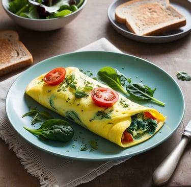 Inlustra um deliciosa omelete com espinafre e tomate