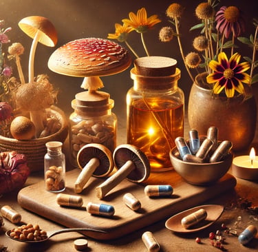 Warm, ambient display of medicinal mushrooms, microdosing capsules, herbal tinctures, and natural su