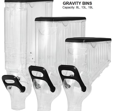 a group of three clear plastic containers with black plastic lids