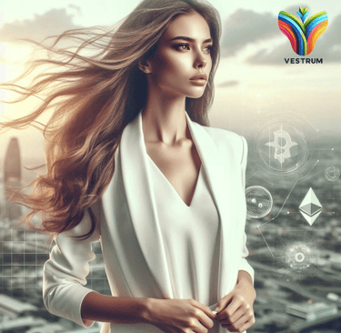 a woman in a white dress and a white jacket looking at bright horizon with vestrum