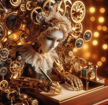An automaton comprised of gears and metal panels in gold writing a document
