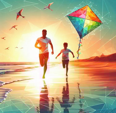 An image of an adult and a child running along the beach together with a kite