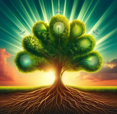a lush, green tree with five distinct branches, each representing a phase of growth